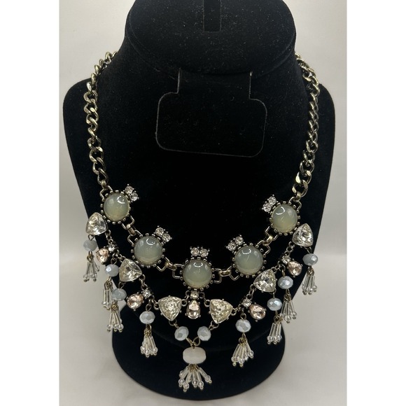 Statement Necklace Bib Statement Rhinestones Silver Tone White Green Clear Beads - Picture 1 of 4